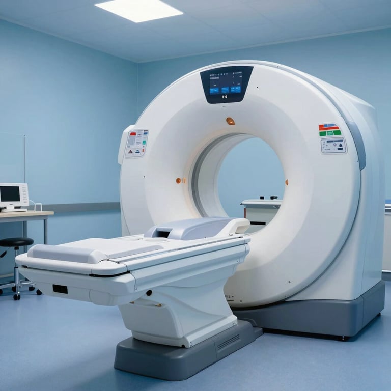 A modern medical imaging center in Western Europe / French setting, showing a clean, high-tech MRI scanner in a room with soothing blue ambient lighting.
