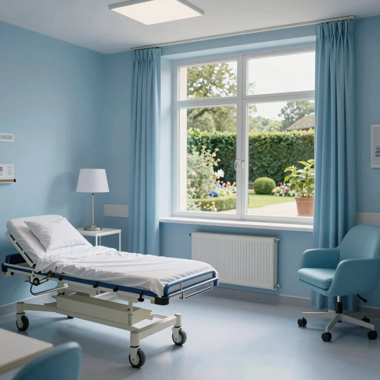 A bright and airy patient recovery suite with elegant, minimalist furniture in light blue tones and a large window looking out at a peaceful French garden.