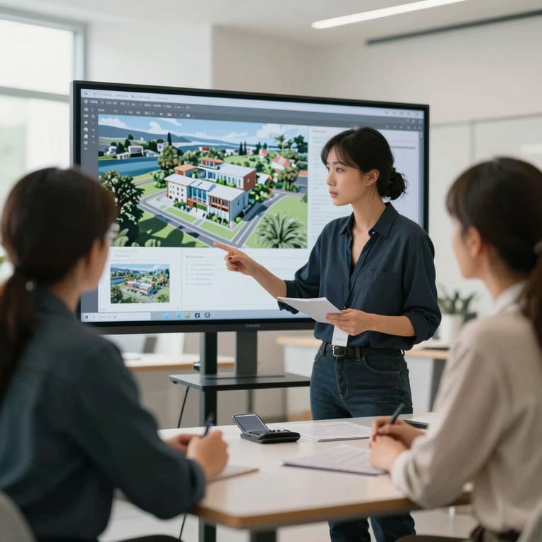 A professional interior designer consulting with clients in a bright, modern studio, viewing 3D models on a large display.