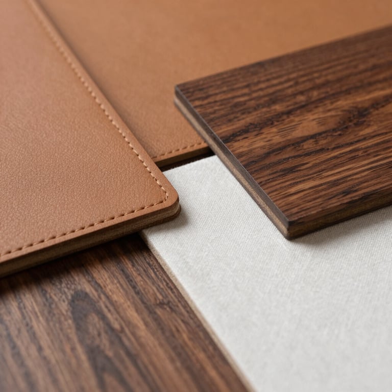 Close-up of premium interior design materials including warm tan leather, earthy cocoa wood samples, and soft white linen textures.