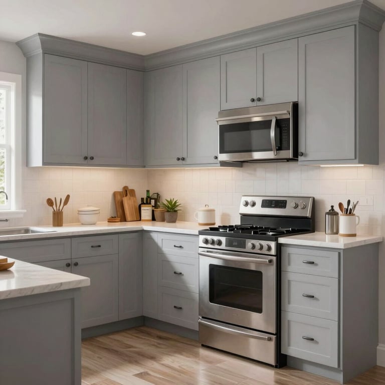 A photorealistic 3D rendering of a modern kitchen with light gray cabinetry and high-end appliances in a North American home.