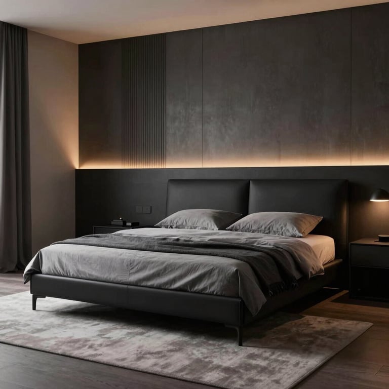 A sophisticated master bedroom with minimalist charcoal black furniture and warm, artistic lighting.