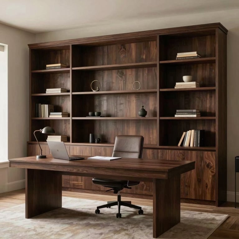 A sleek, professional home office featuring custom built-in shelving and sophisticated earthy cocoa accents.