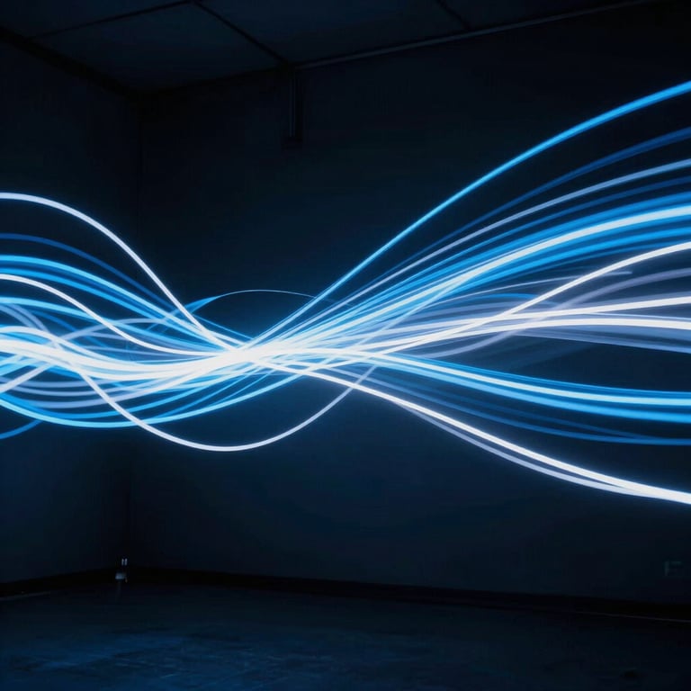 Abstract light trails in a dark room representing data flow, electric blue and white colors.