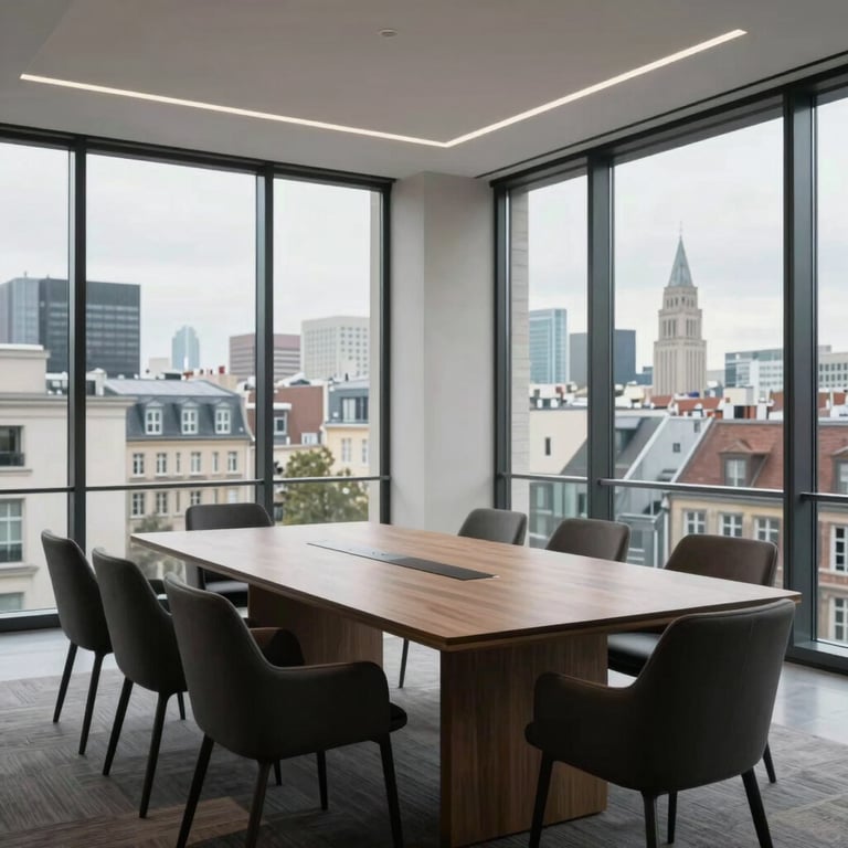 An elegant meeting room with minimalist furniture, large windows overlooking a French business district.