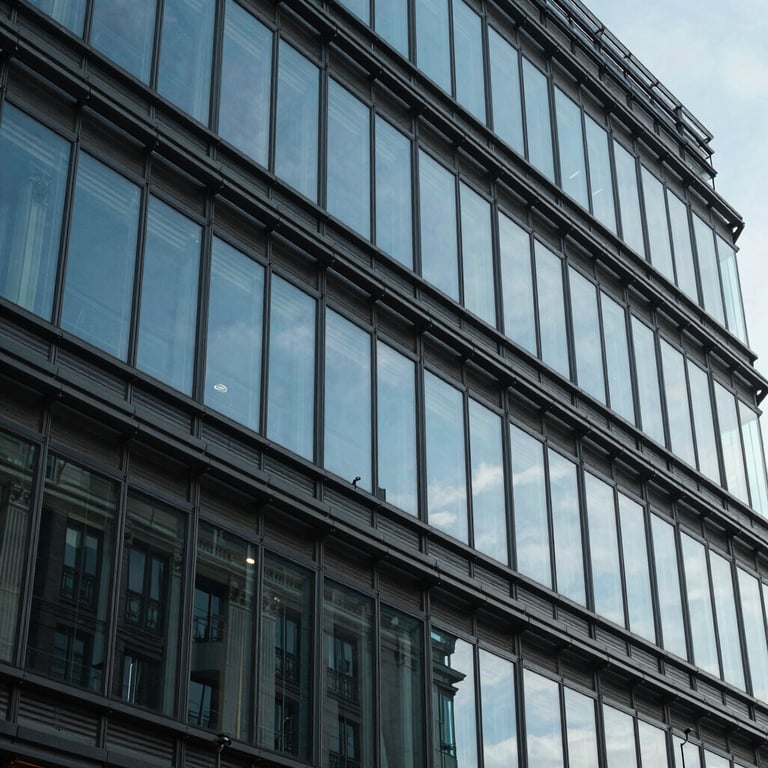 Modern architectural detail of a tech headquarters in Lyon, glass and steel, blue sky reflection.