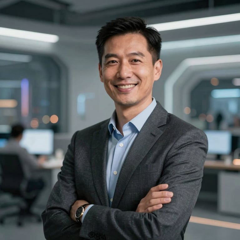 Portrait of a confident professional smiling in a futuristic workspace, blurred city lights background.