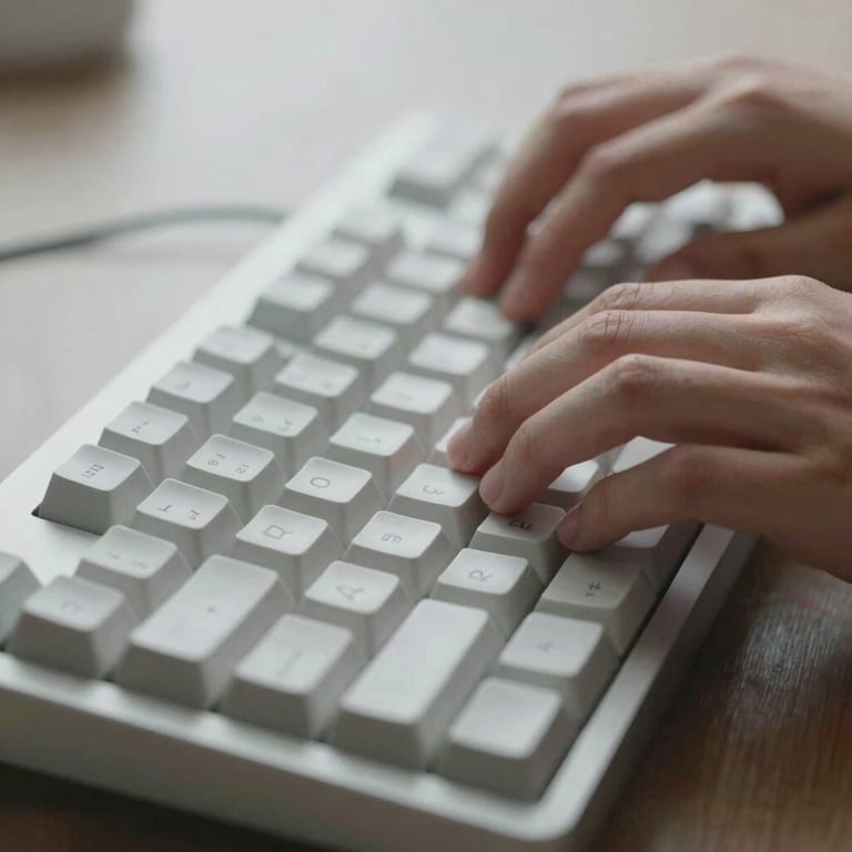 Close-up of a person typing on a premium mechanical keyboard, soft bokeh, cool white lighting.