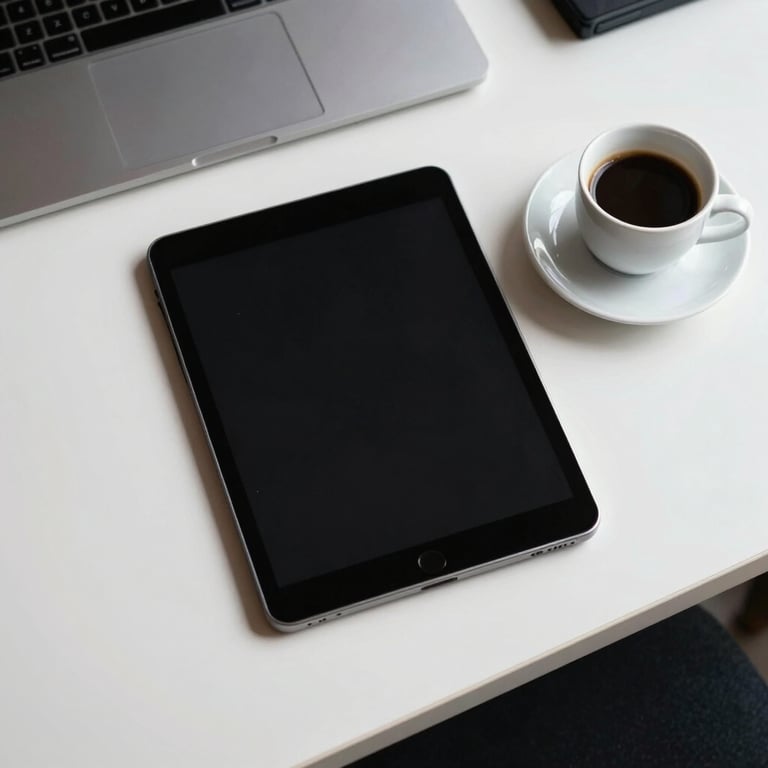 Overhead view of a clean desk with a tablet and a cup of espresso, minimalist European startup style.