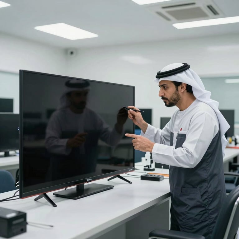 Professional technician inspecting a flat-screen TV in a modern Al Nahda workshop, Middle Eastern / Gulf setting, bright clinical lighting.