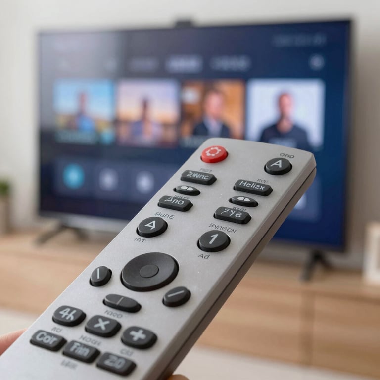Macro shot of a high-tech remote control and a smart TV interface reflecting a clean, modern lifestyle.