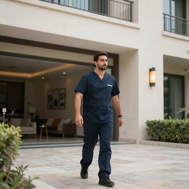 A VisionFix technician in a professional uniform arriving at a stylish residential building in Dubai.