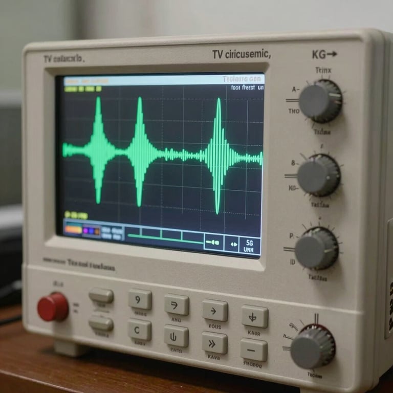 Detailed view of a digital oscilloscope displaying wave patterns during a TV circuit diagnostic.