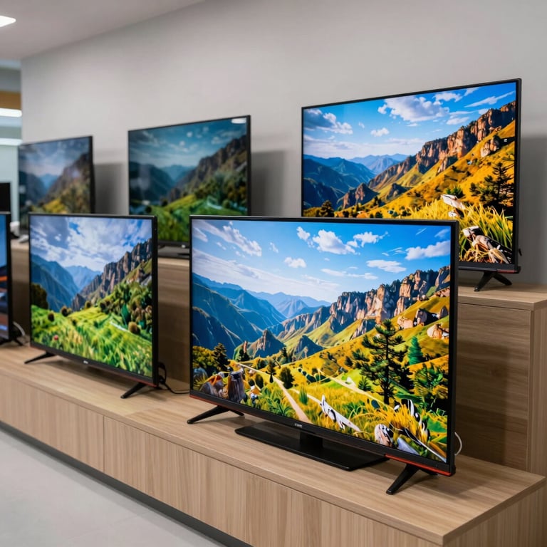 A row of repaired high-definition televisions showing vibrant landscape images in a clean showroom.