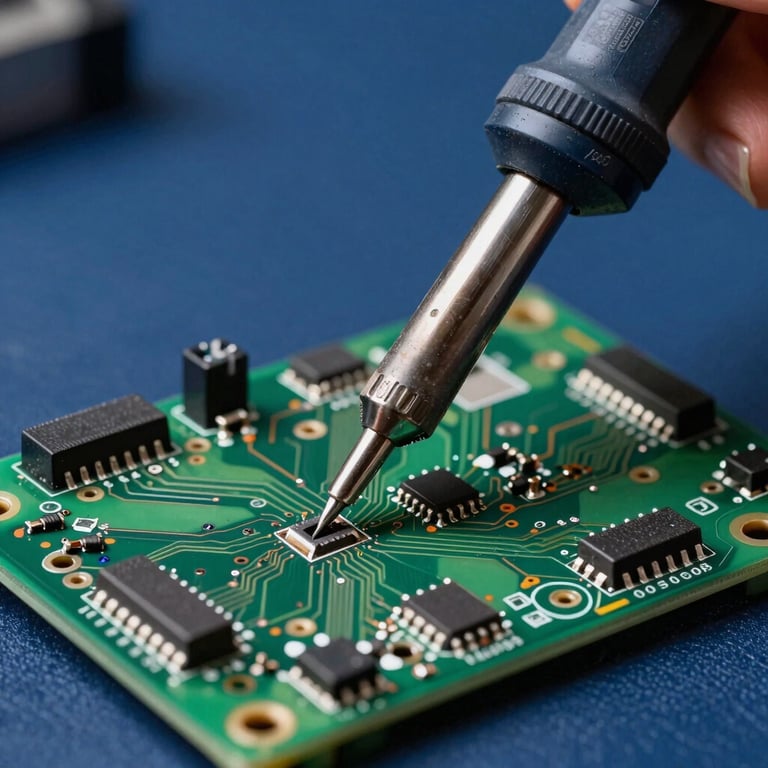 Close-up of a soldering iron being used on a delicate green circuit board with navy blue background tones.