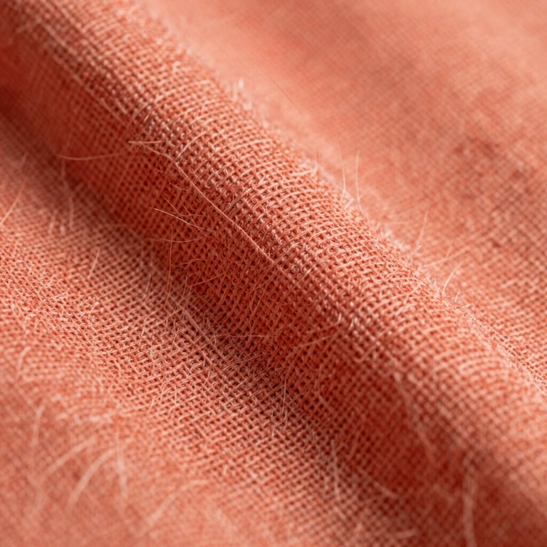 Extreme macro shot of coral-toned linen fibers under bright diffused studio light, showing the intricate warp and weft of the textile.