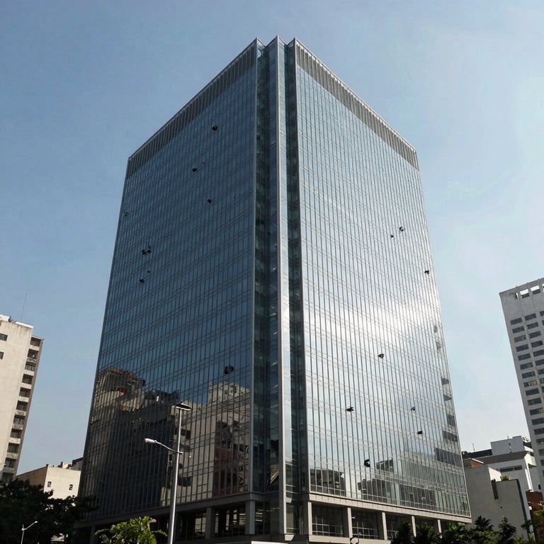 Exterior view of a modern glass-clad corporate building in a major Brazilian city during a bright, clear day.