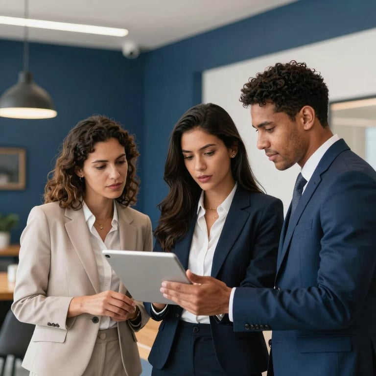 A group of three diverse Brazilian professionals in business attire collaborating over a tablet in a bright common area with navy blue decor.