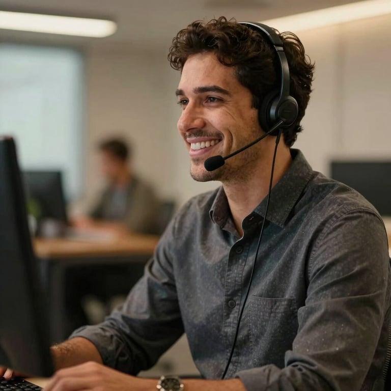 A professional Brazilian consultant smiling while speaking on a headset, warm indoor lighting, blurred office background.
