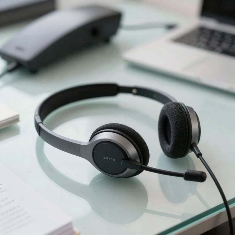 Close-up of a high-quality telephone headset resting on a clean glass desk in a professional Brazilian office.
