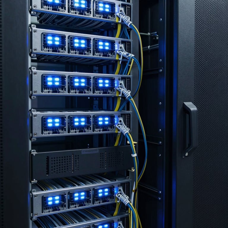 Interior of a server room with glowing blue lights and organized cabling, representing technical infrastructure reliability.