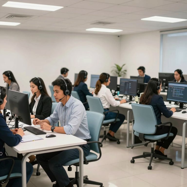 A wide shot of a professional South American call center floor with staff in focused discussion, clean white desks and light blue chairs.