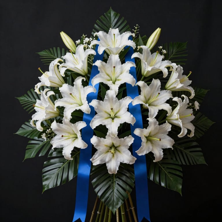 A respectful and elegant condolence flower arrangement with white lilies and blue ribbons, studio lighting.