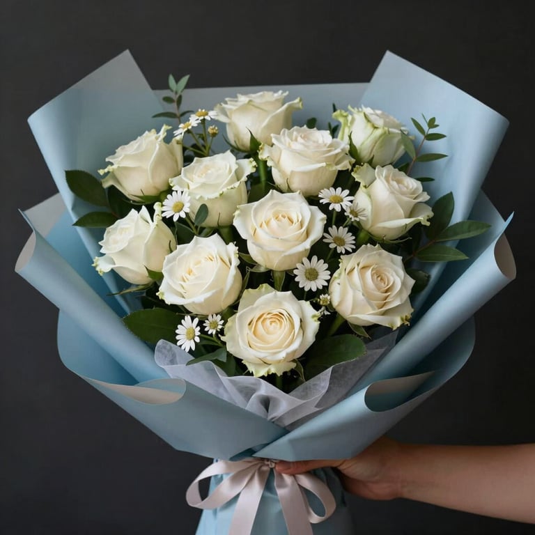 A lush hand bouquet of fresh roses and local Indonesian blooms, wrapped in professional light blue paper.