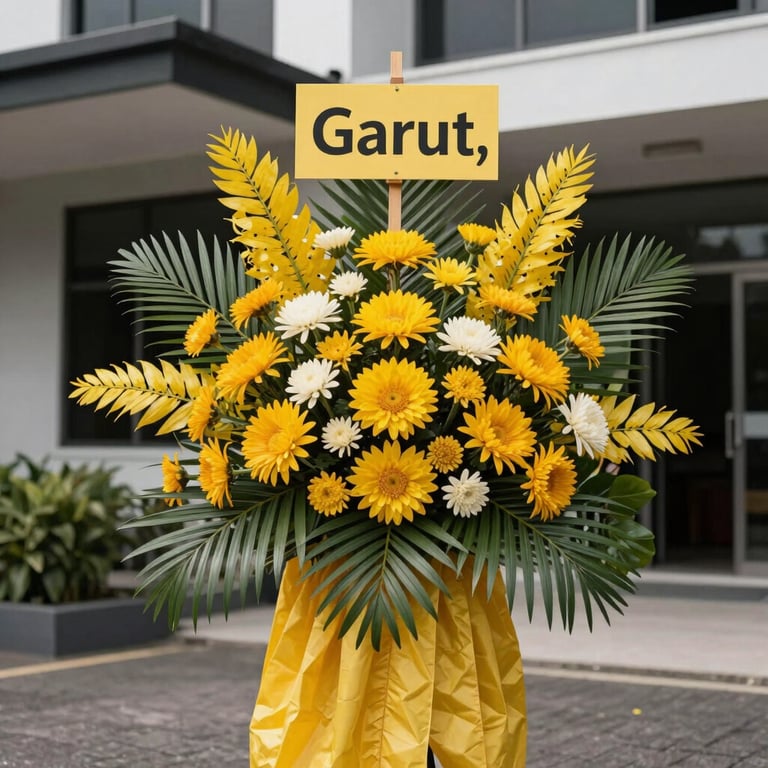 A premium congratulatory flower board (Bunga Papan) with vibrant yellow accents standing in front of a modern building in Garut.