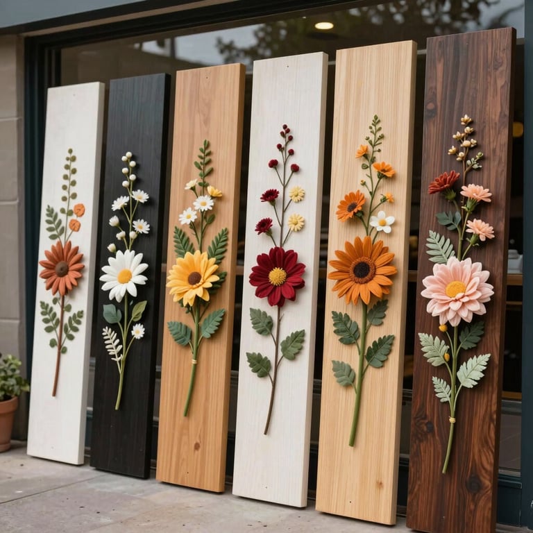 A row of various custom flower boards lined up outside Sierra Florist, showcasing high-quality craftsmanship.