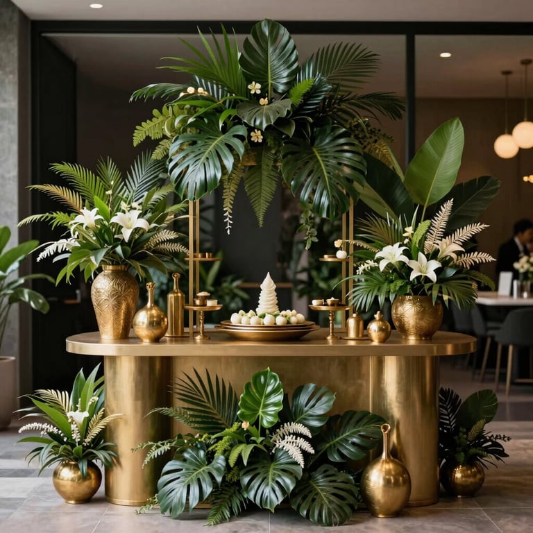 A grand opening flower stand with gold-toned decorations and fresh tropical greenery, modern Southeast Asian style.