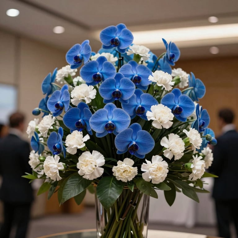 A sophisticated indoor flower arrangement for a corporate event, featuring blue orchids and white carnations.