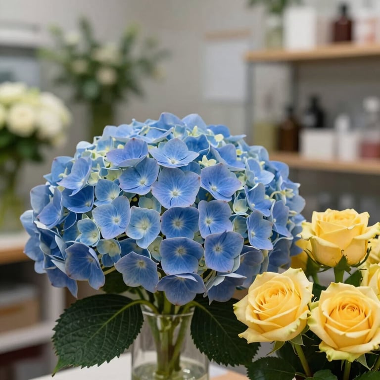 A magnificent wedding flower board with elegant blue and white floral details in a sunny outdoor Southeast Asian venue.