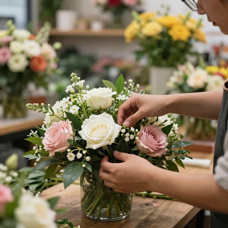 Close-up of a florist's hands expertly arranging a premium table centerpiece in a bright Garut flower shop.