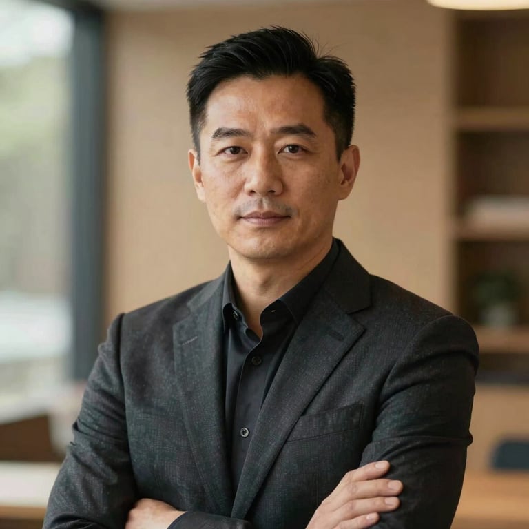 Dignified professional portrait of a high-end real estate owner, warm natural lighting, soft background, dressed in a tailored dark suit, looking confident