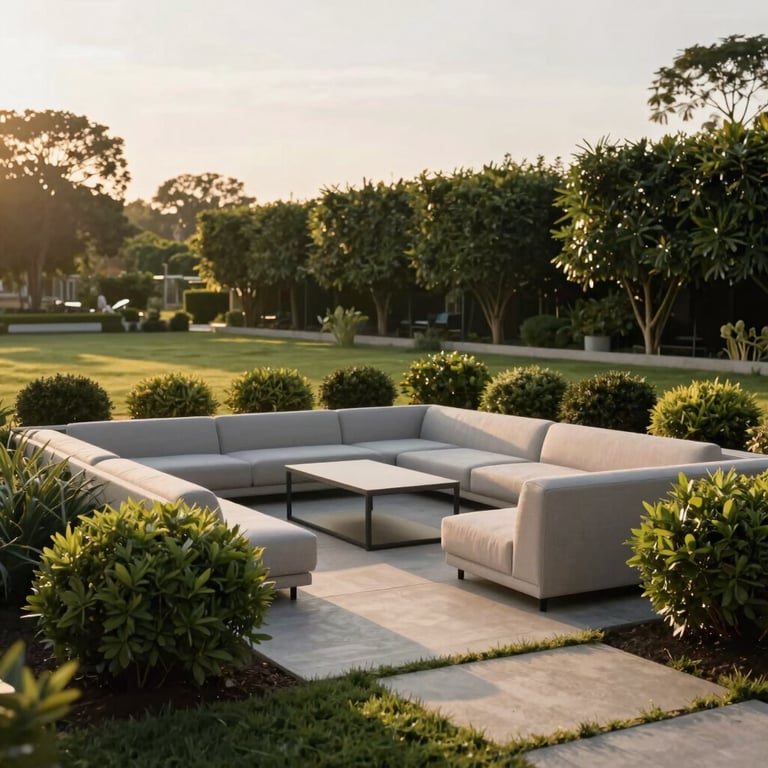 A clean, modern outdoor seating area surrounded by perfectly manicured shrubs and a weed-free lawn in the golden hour light.