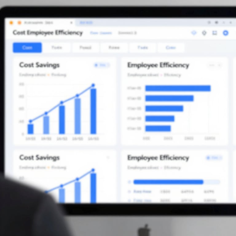 A professional business dashboard showing 'Cost Savings' and 'Employee Efficiency' charts in a clean, data-driven layout.
