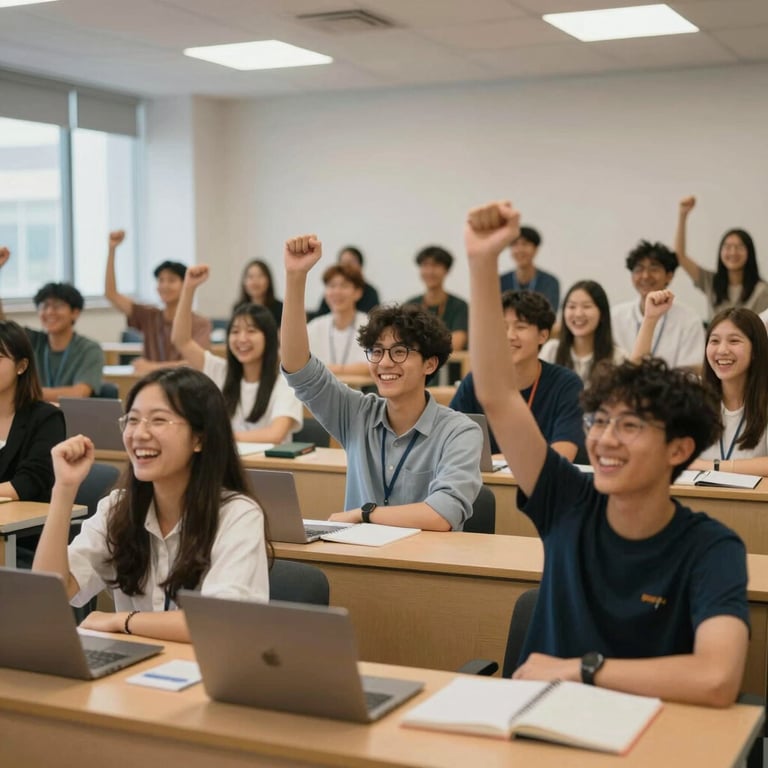 A diverse group of students cheering in a modern seminar room, representing the Agentic AI community support and collective learning.