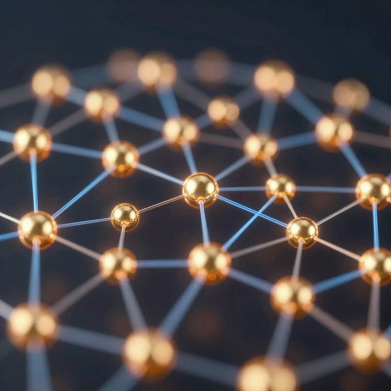 Abstract 3D render of glowing golden copper nodes (#8D6C4F) interconnected with sky blue lines, representing a neural network for non-tech users.