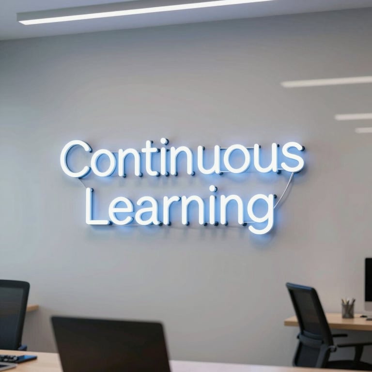 A bright, airy office space with a neon sign that says 'Continuous Learning', reflecting the supportive and forward-thinking brand mood.