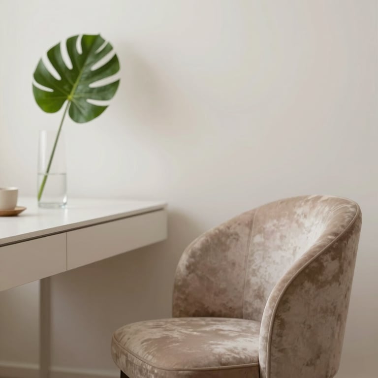 A serene, luxury home office corner with a velvet chair and a single green leaf in a glass vase. Palette: #FAF7F5, #b5957a.