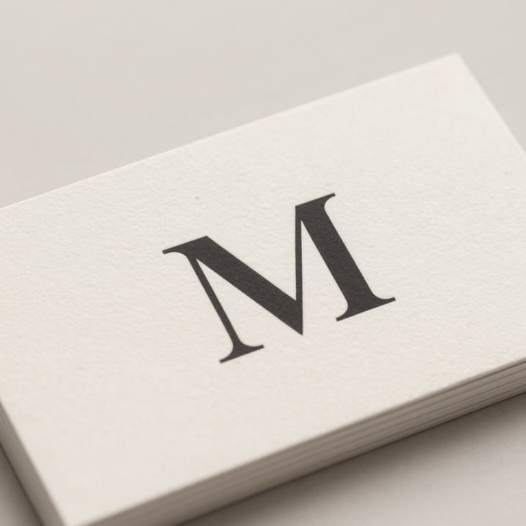 Detail of a business card with an elegant 'M' logo in a sophisticated Lora-style font. Palette: #2F2724, #EADED4.