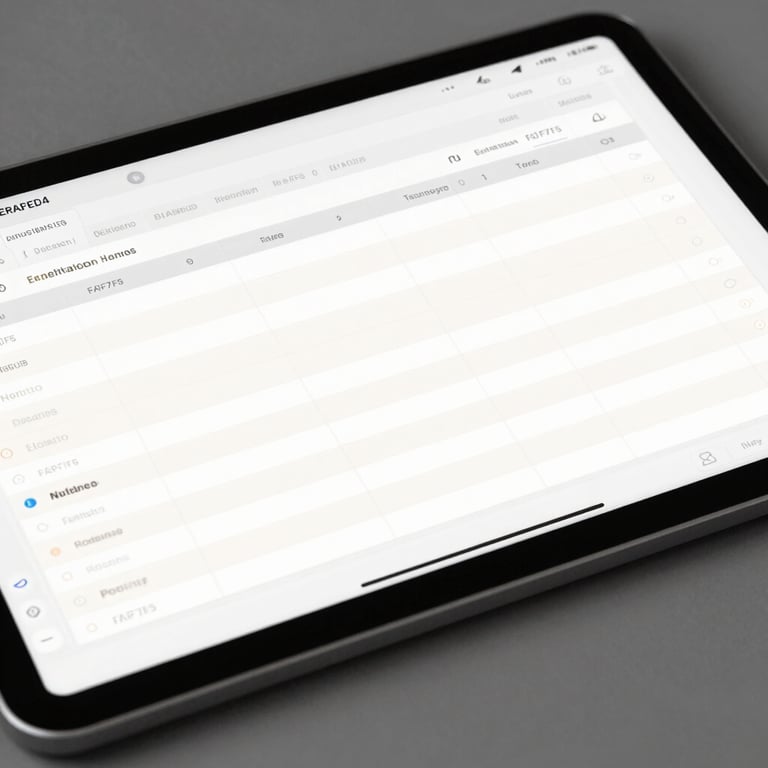 Macro shot of a digital tablet showing a clean, organized spreadsheet with a professional interface. Palette: #EADED4, #FAF7F5.