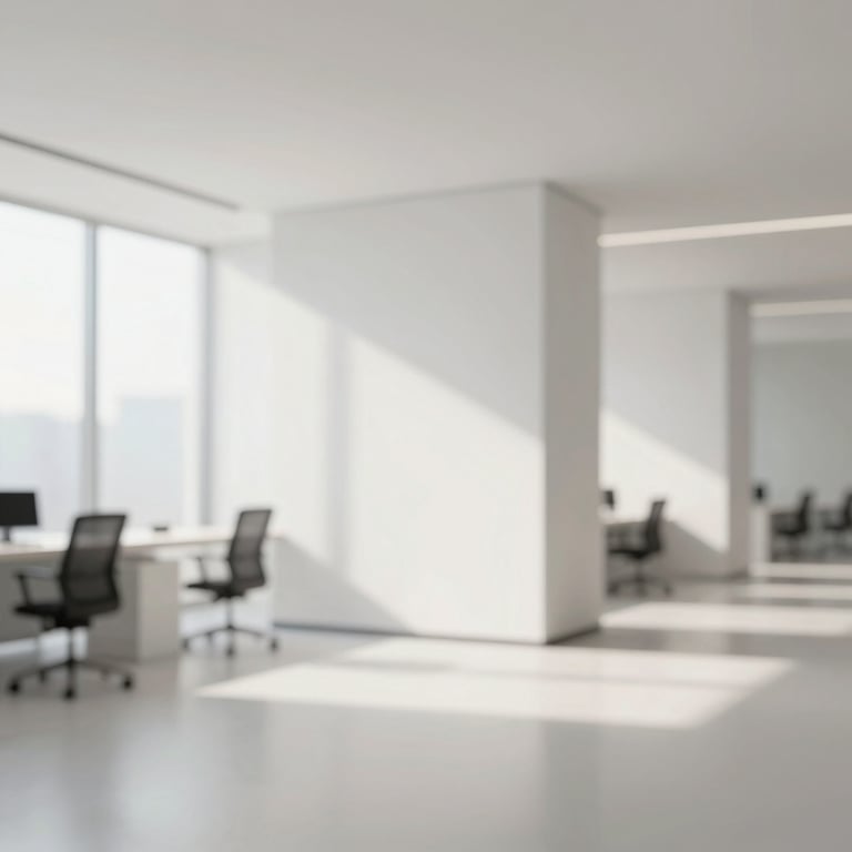 A minimalist architectural detail of a bright, sun-drenched office space with clean lines. Palette: #FAF7F5, #EADED4.