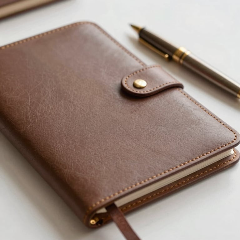 Close-up of a high-end leather planner and a bronze pen. Palette: #2F2724, #b5957a.