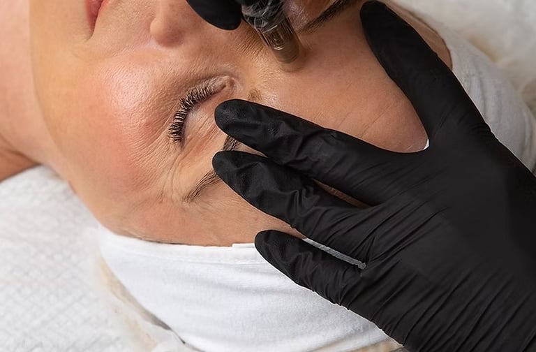 Microneedling treatment under the eye to reduce fine lines, improve skin texture
