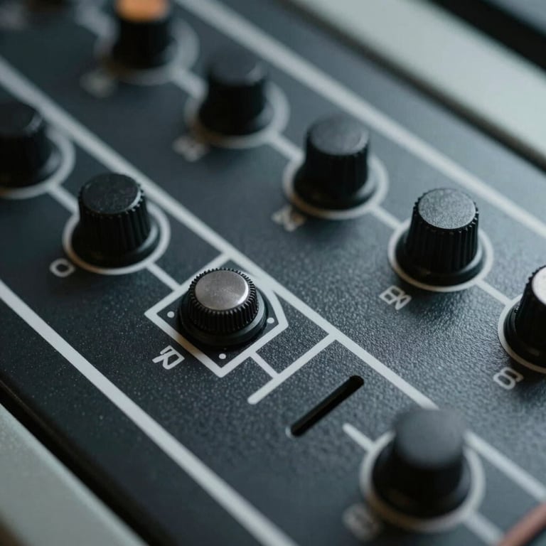 Extreme close-up of a physical control panel interface, stark white markings on deep charcoal metal, clinical desaturated framing, harsh highlights.