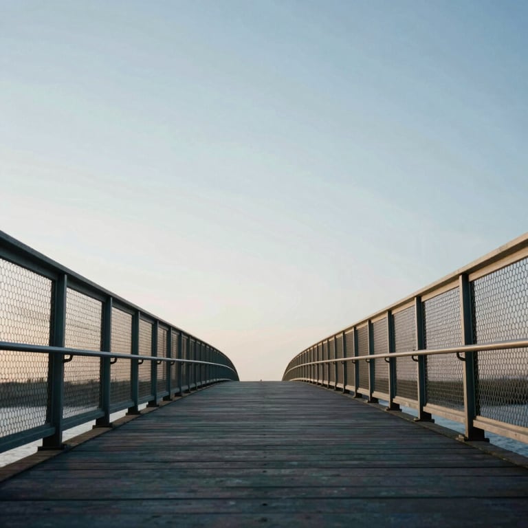 A symbolic photographic view of a path or bridge leading towards a bright, clear horizon, soft lighting conveying empowerment and hope.