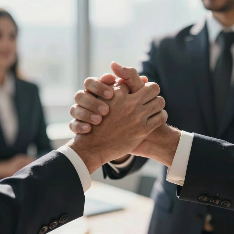Close-up of hands shaking firmly in a professional greeting, South American office setting, natural sunlight, professional atmosphere.