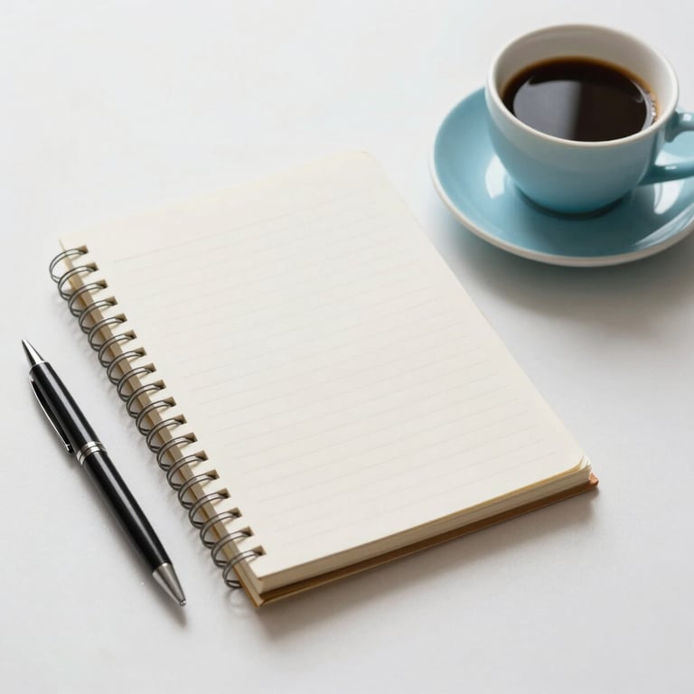 A clean, organized workspace with a notebook, pen, and a cup of coffee, aesthetic composition using off white and light blue tones.